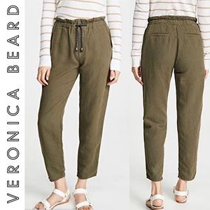 VERONICA BEARD Jay Draw Cord Carrot Pant Army Green Linen Drawcord High Rise S